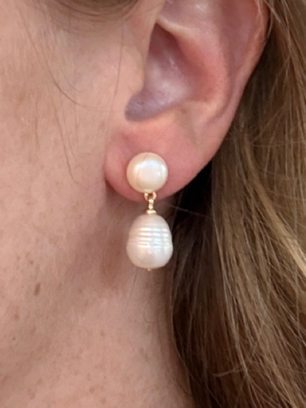 Elegant White Pearl Drop Earrings - Gold Accent